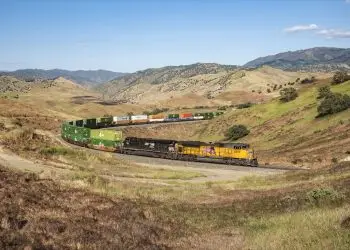 Union Pacific locomotive 8499 on the intermodal western corridor, part of the proposed Union Pacific Norfolk Southern merger network