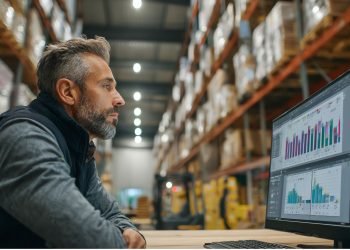 Warehouse manager reviewing procurement and asset data dashboards on a computer monitor in an industrial facility