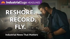 Machinist in safety glasses working at a metal lathe, IndustrialSage Headlines Episode 31 thumbnail reading "Reshore. Record. Fly."