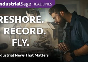 Machinist in safety glasses working at a metal lathe, IndustrialSage Headlines Episode 31 thumbnail reading "Reshore. Record. Fly."