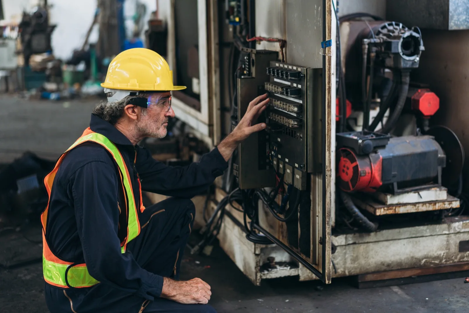 An experienced maintenance technician in a yellow hard hat and high visibility vest crouching to inspect relays inside an open electrical control panel on a factory floor